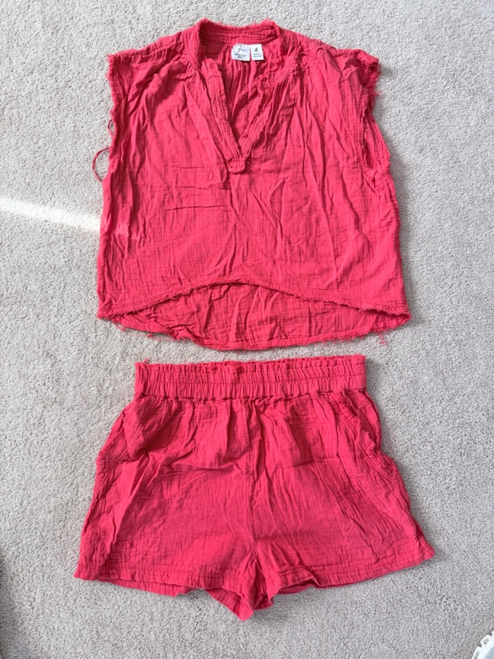 Bright Red Two-Piece Cotton Top & Shorts Set